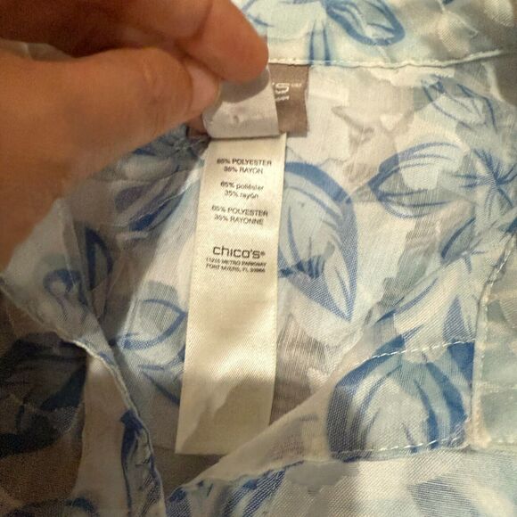 Chico’s Women Floral Button-Up Shirt Blue White Sheer Long Sleeve Blouse Size L - Picture 5 of 11